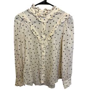 FRNCH Paris Anthropologie Cream Blue Cherry Print Ruffle Blouse Women’s Large